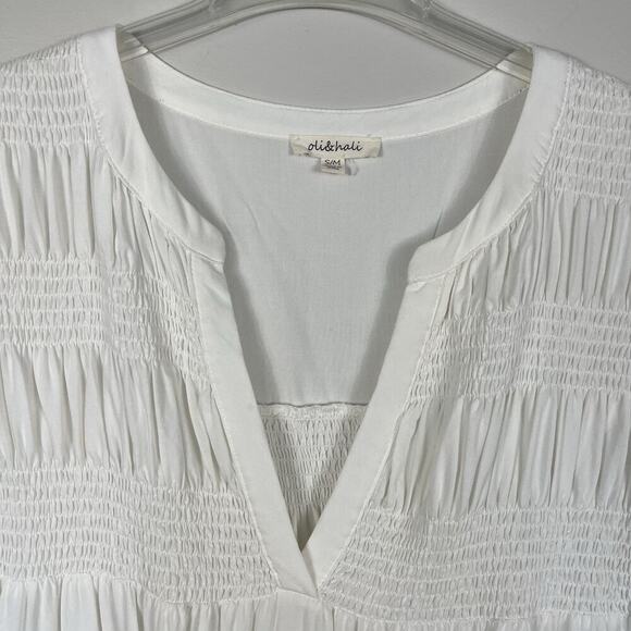 Oli & Hali Top Size S/M White Smocked Boxy Oversized Tunic Blouse Boho Lagenlook - Picture 4 of 8